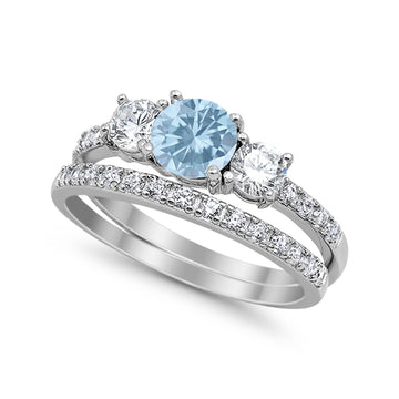3-Stone Wedding Bridal Piece Ring Round Simulated Aquamarine CZ 925 Sterling Silver